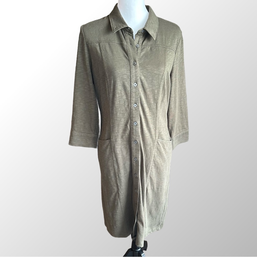 Boden Shirt Dress Women 8R Olive Green Cotton Slub Jersey 3/4 Sleeve Pockets‎